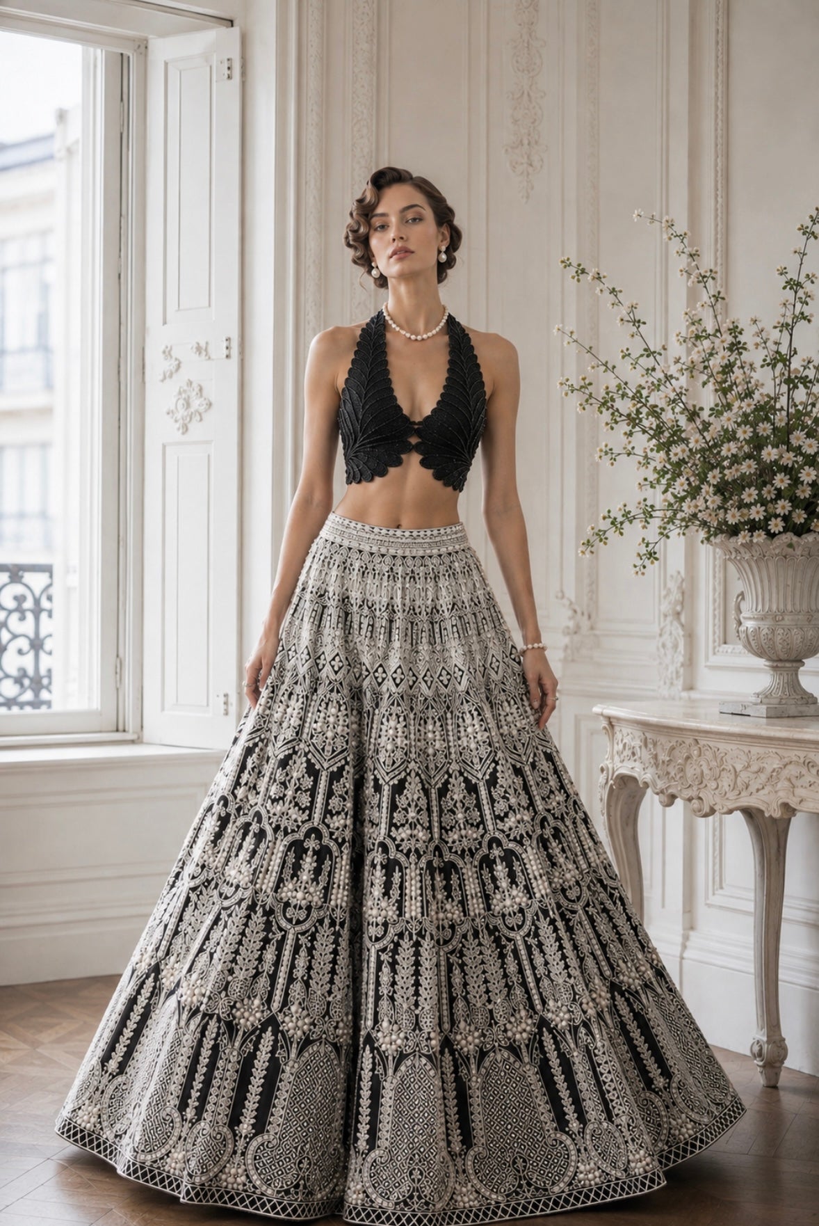 BLACK AND WHITE PERAL LEHENGA