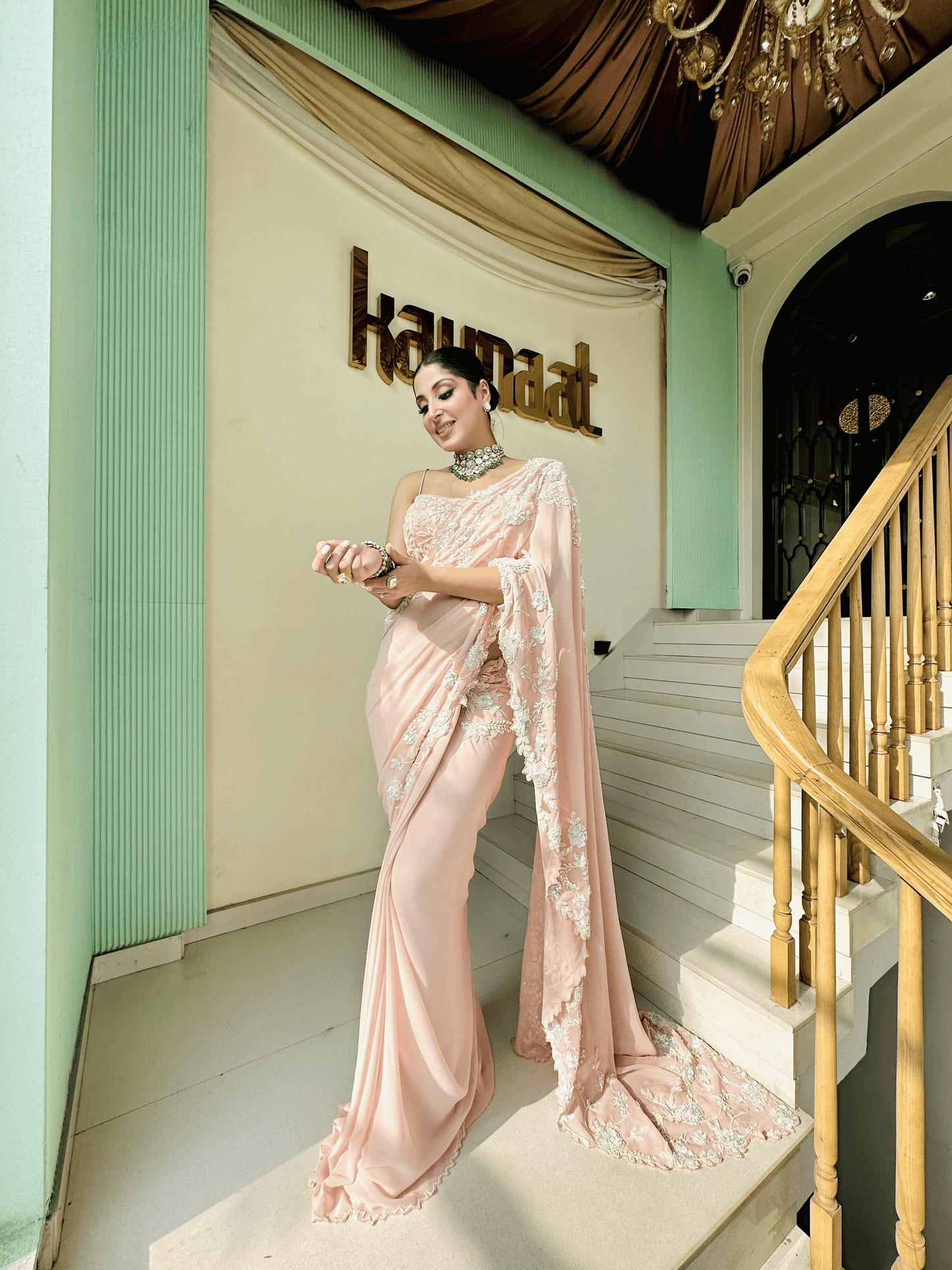 BABY PINK COLOR SAREE WITH FLOWER EMROIDERY TOP AND DRAPE