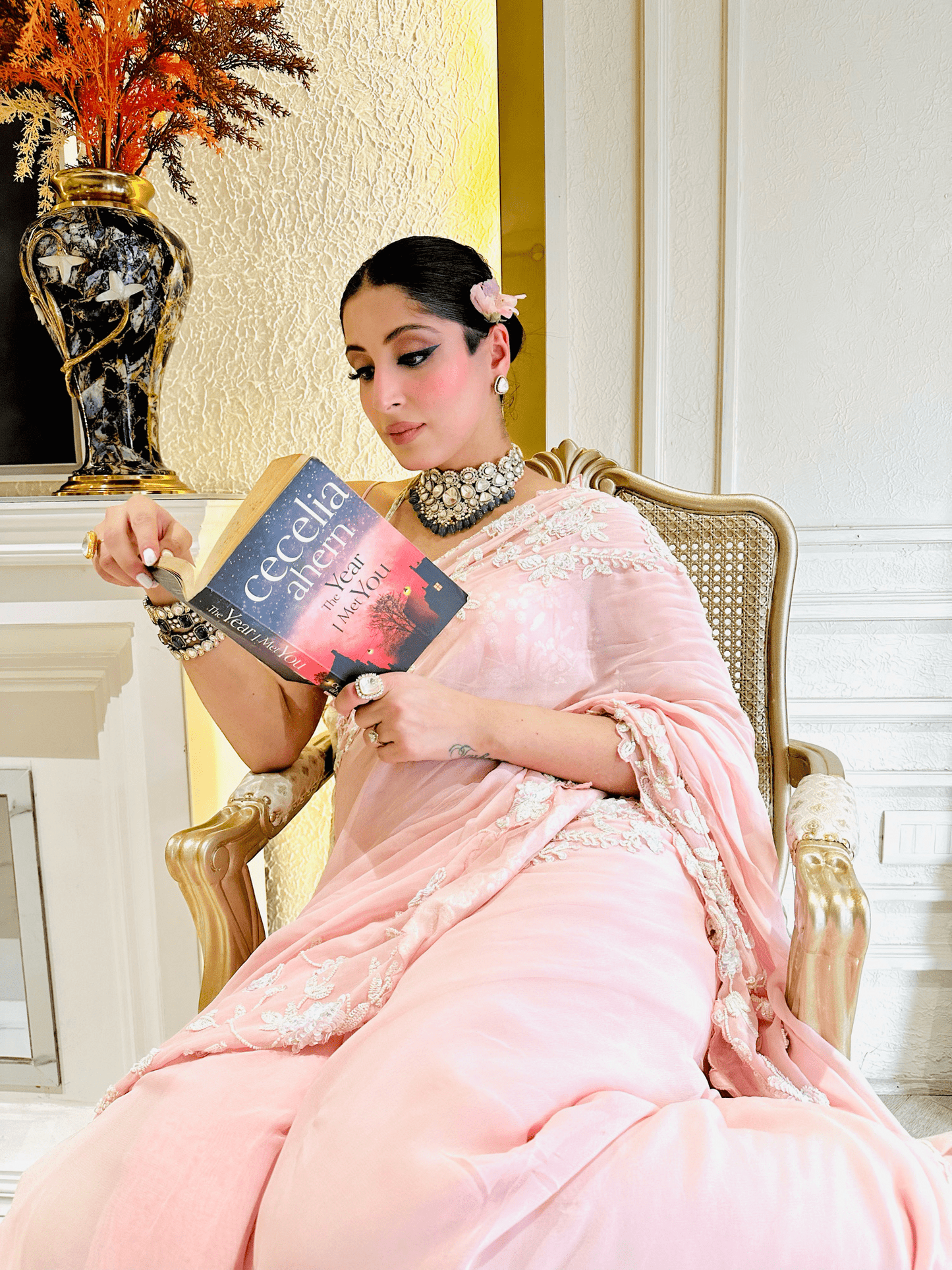 BABY PINK COLOR SAREE WITH FLOWER EMROIDERY TOP AND DRAPE