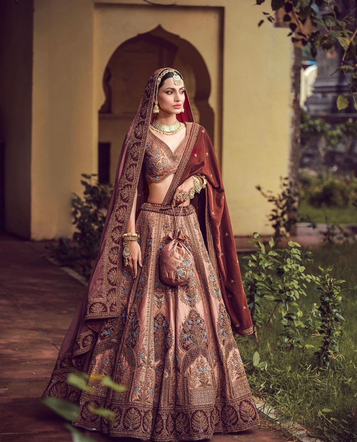 DARK CHESTNUT COLOR BRIDAL LEHENGA WITH WELL CRAFTED VELVET DUPATTA