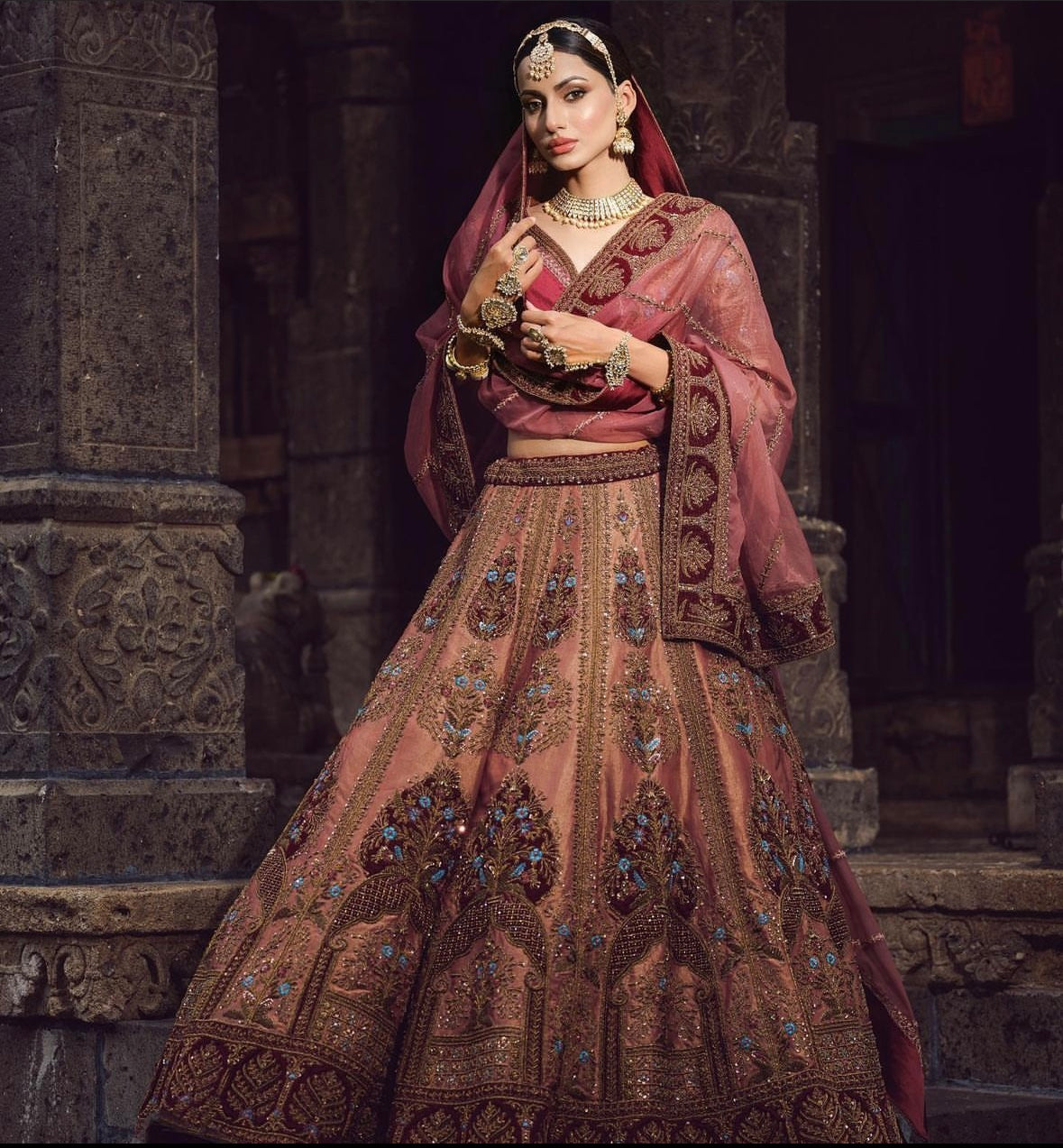 DARK CHESTNUT COLOR BRIDAL LEHENGA WITH WELL CRAFTED VELVET DUPATTA