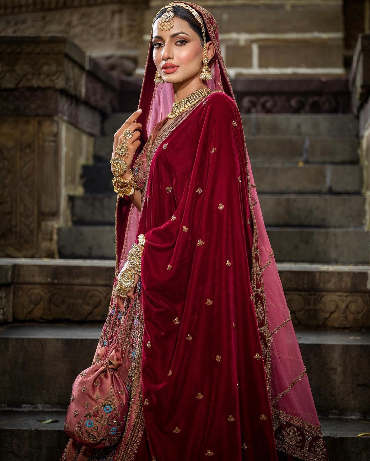 DARK CHESTNUT COLOR BRIDAL LEHENGA WITH WELL CRAFTED VELVET DUPATTA