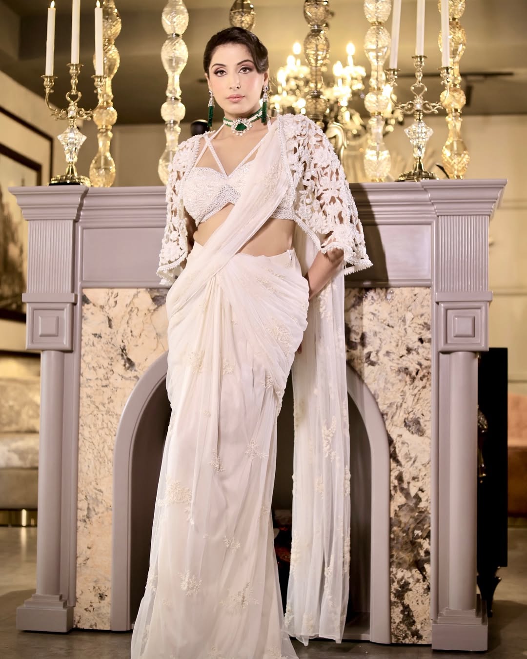IVORY DRAPE SAREE WITH CAP