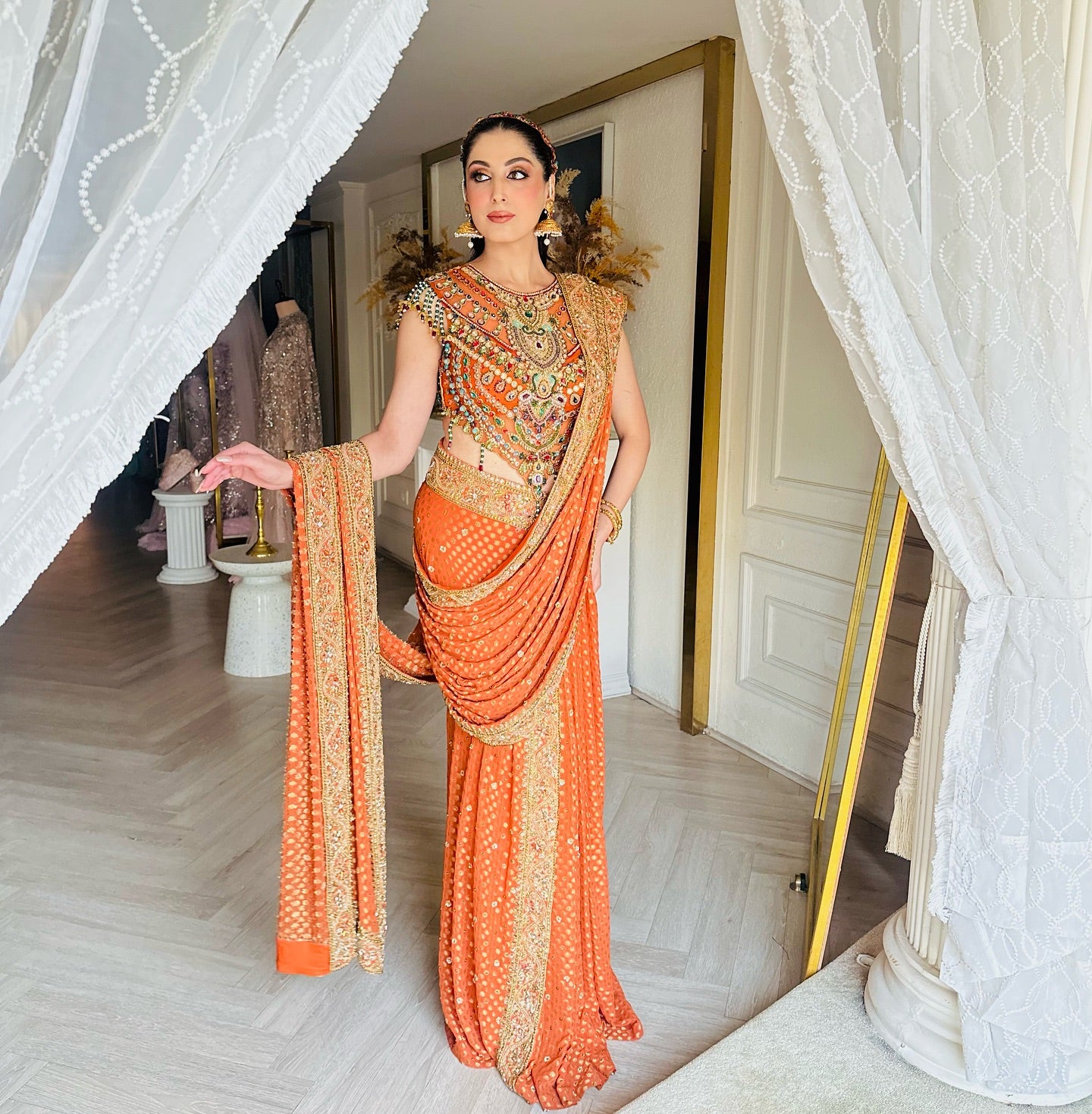 BURNT ORANGE DRAPE SAREE