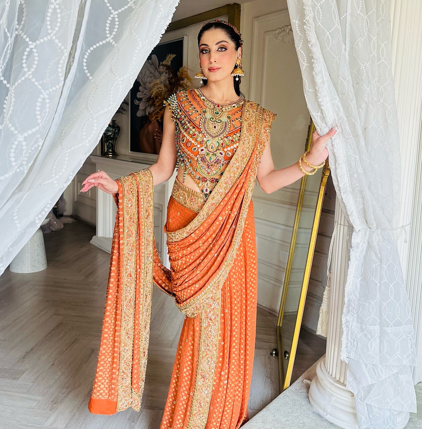 BURNT ORANGE DRAPE SAREE