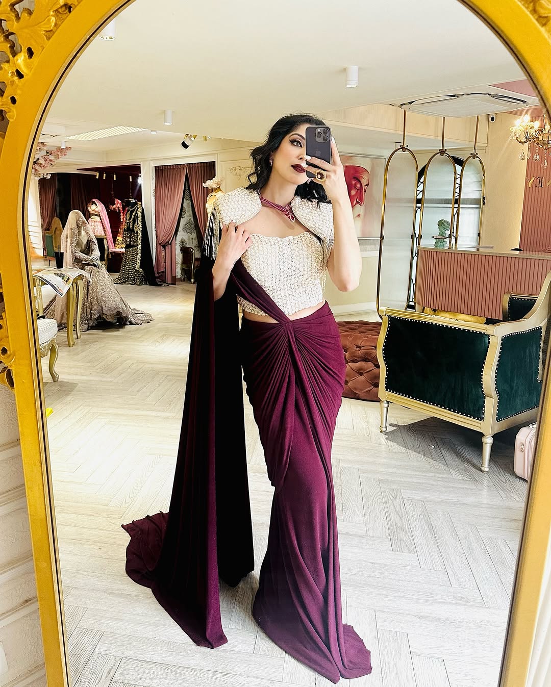 WINE CORSET BLOUSE SAREE SET