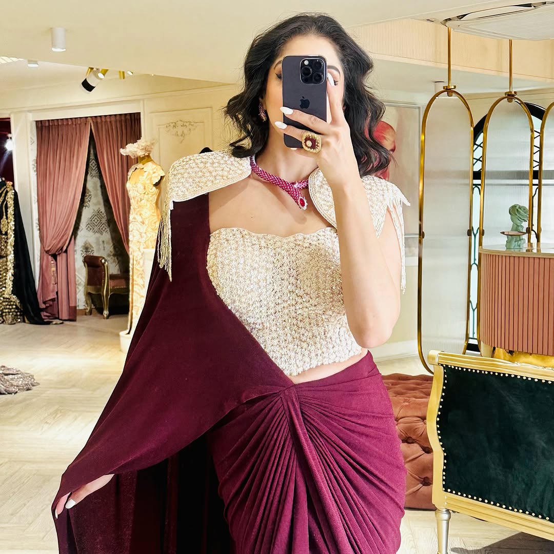 WINE CORSET BLOUSE SAREE SET