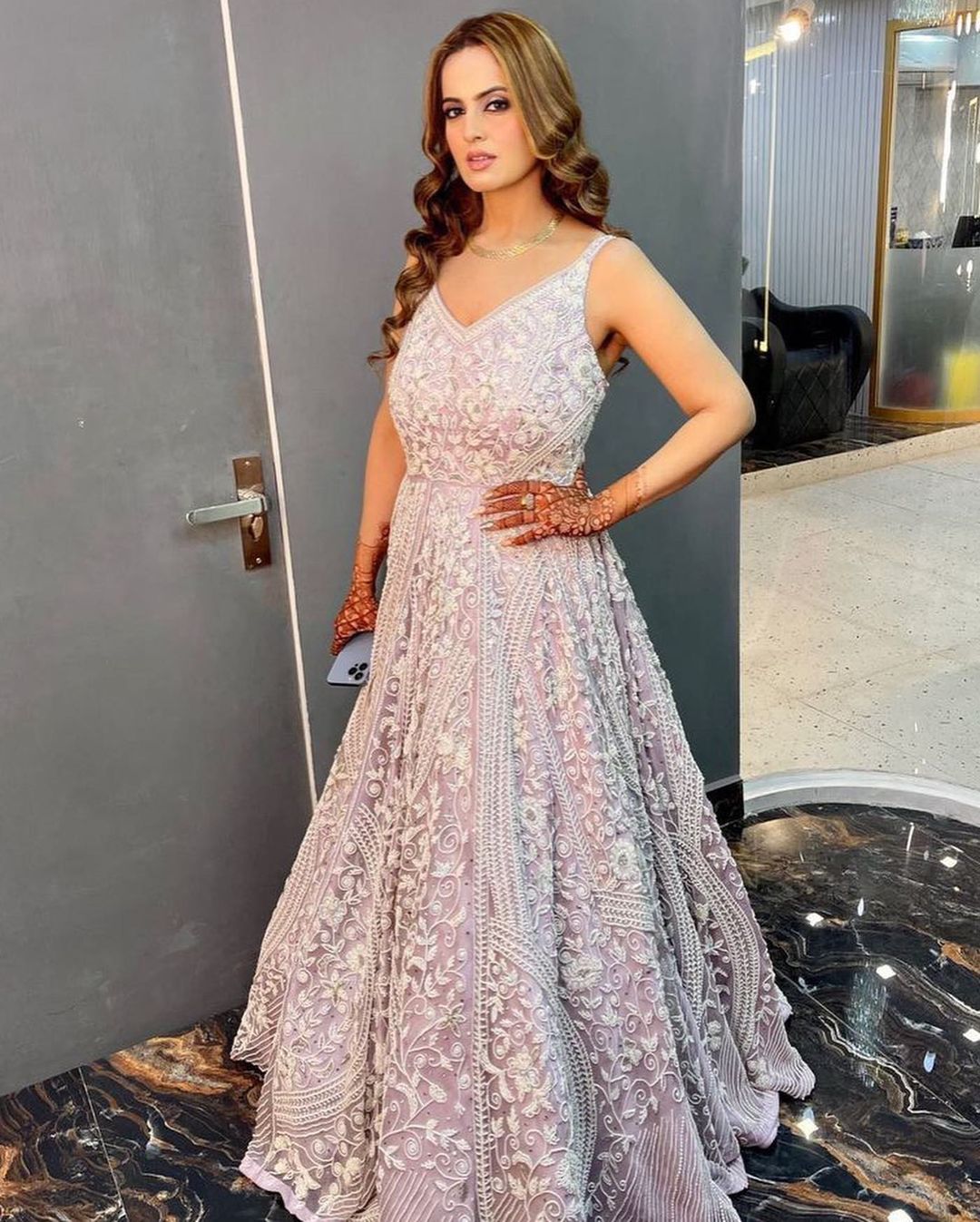 THIRSTLE COLOR GOWN WITH V PEARL WORK