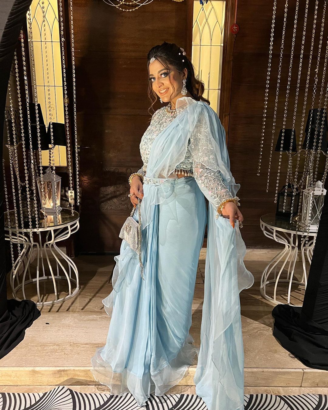 ENGLISH BLUE COLOR SAREE WITH RUFFLE DRAPE