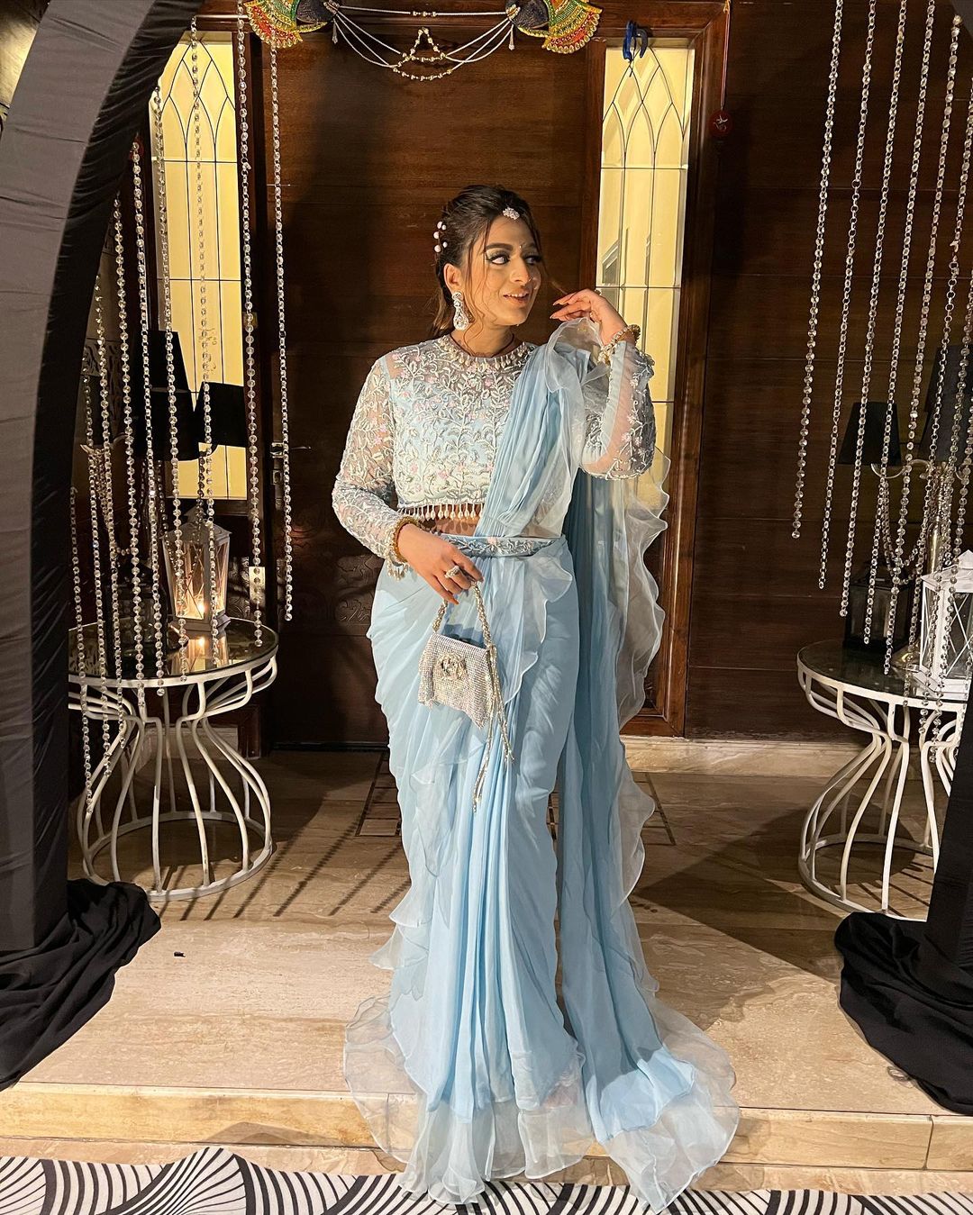 ENGLISH BLUE COLOR SAREE WITH RUFFLE DRAPE