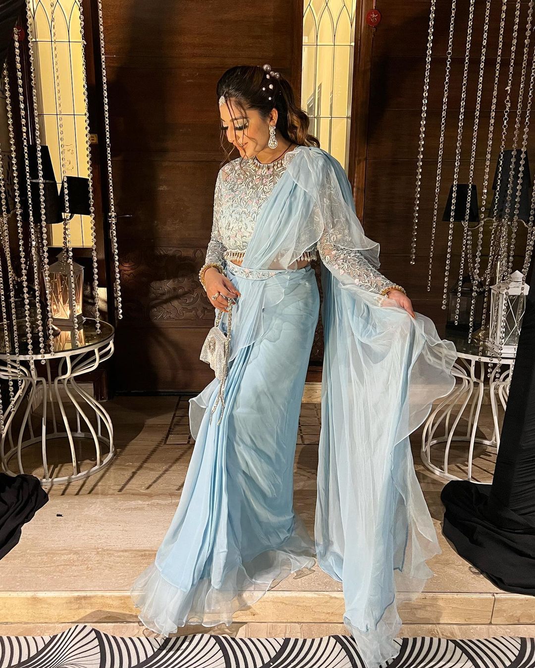ENGLISH BLUE COLOR SAREE WITH RUFFLE DRAPE