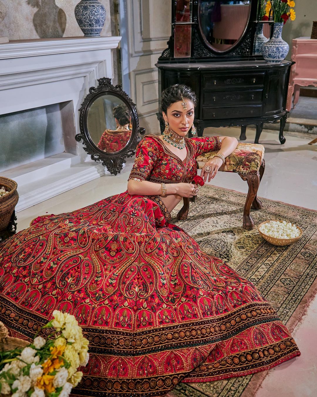 BULGARIAN ROSE RED BRIDAL LEHENGA WITH DETAILED CLASSIC EMBROIDERY