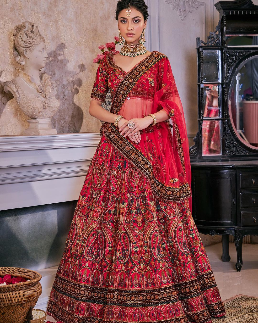 BULGARIAN ROSE RED BRIDAL LEHENGA WITH DETAILED CLASSIC EMBROIDERY