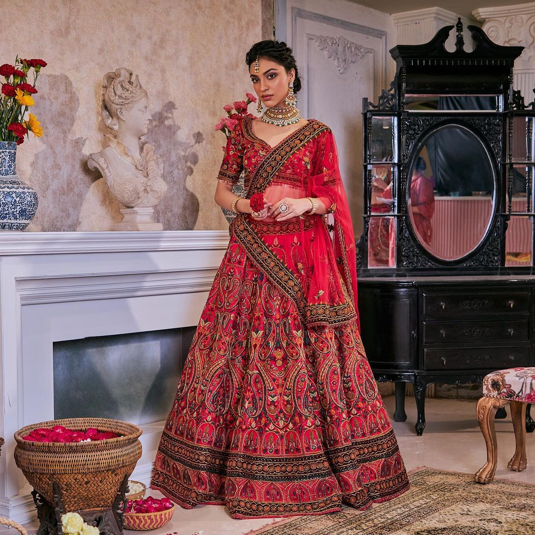 BULGARIAN ROSE RED BRIDAL LEHENGA WITH DETAILED CLASSIC EMBROIDERY