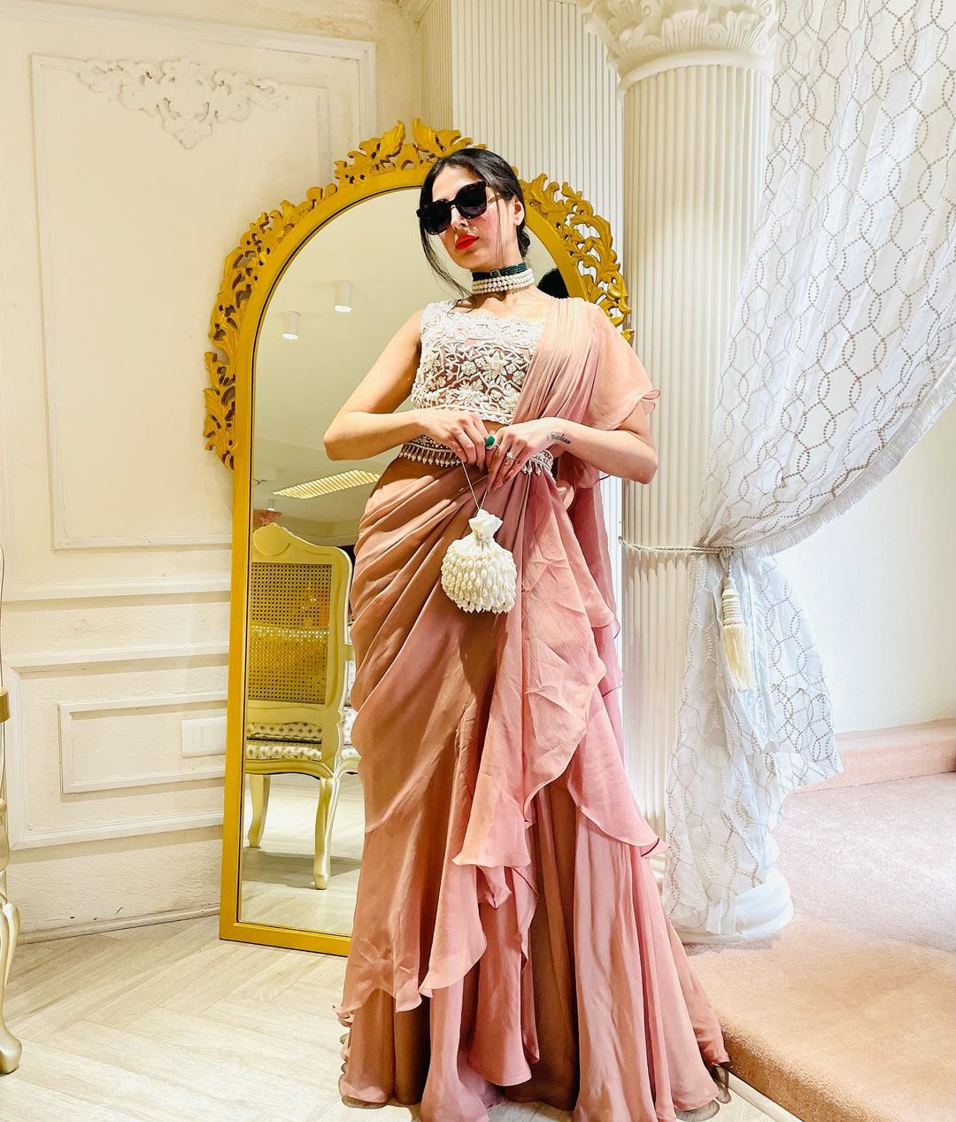 MELON PINK COLOR RUFFLE SAREE WITH BEAUTIFUL TOP