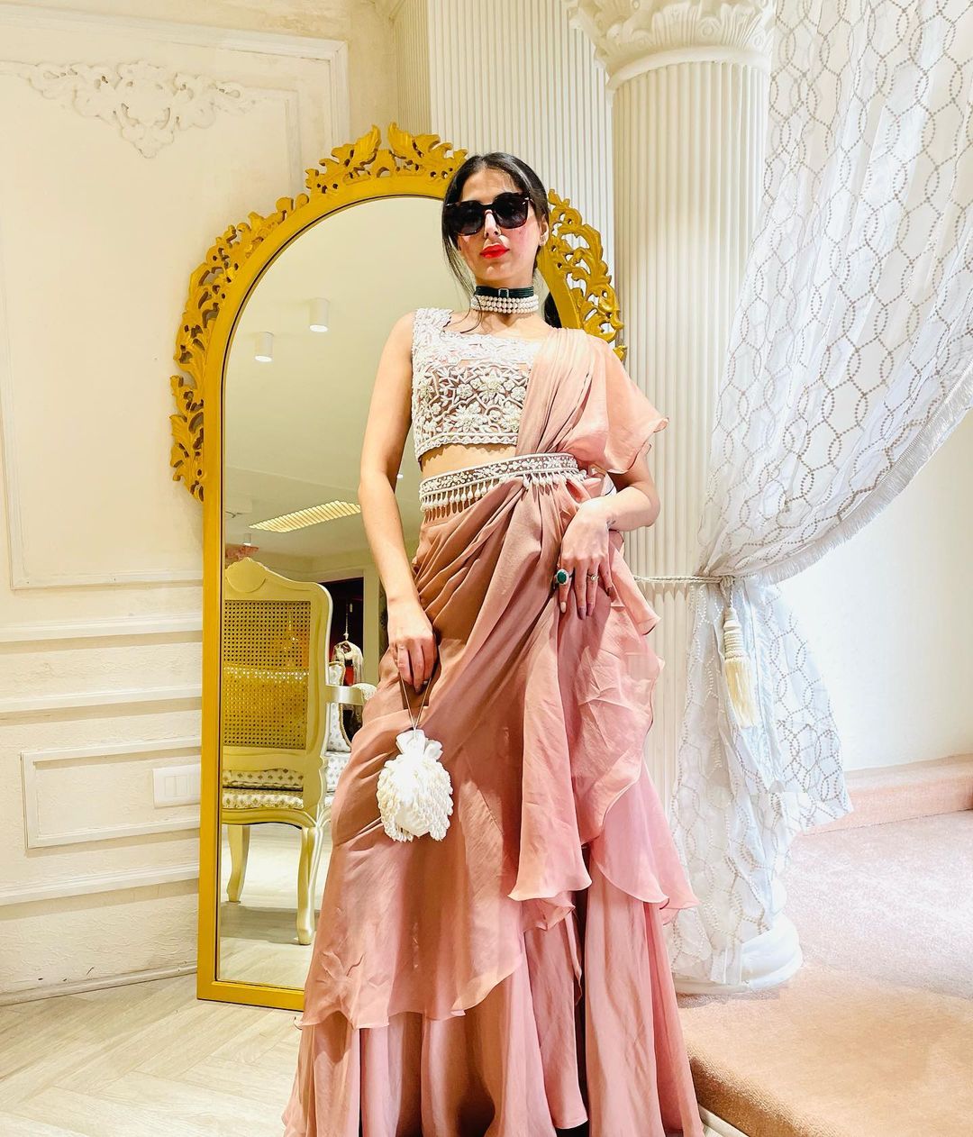 MELON PINK COLOR RUFFLE SAREE WITH BEAUTIFUL TOP