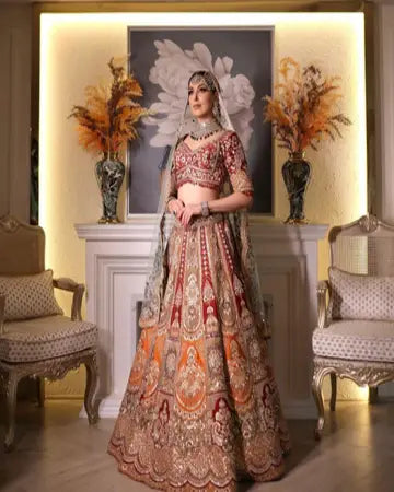 BRIDAL RED ORANGE DESIGNED LEHENGA WITH HEAVY EMBROIDERY