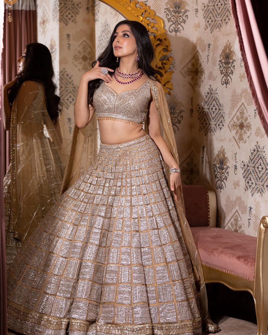 GOLDEN COLOR LEHENGA WITH EMBROIDERY ON TOP AND BOTTOM