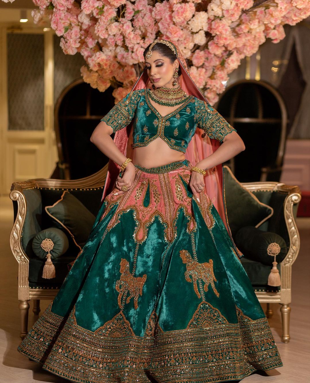 OLIVE COLOR HORSE DESIGNED LEHENGA SET