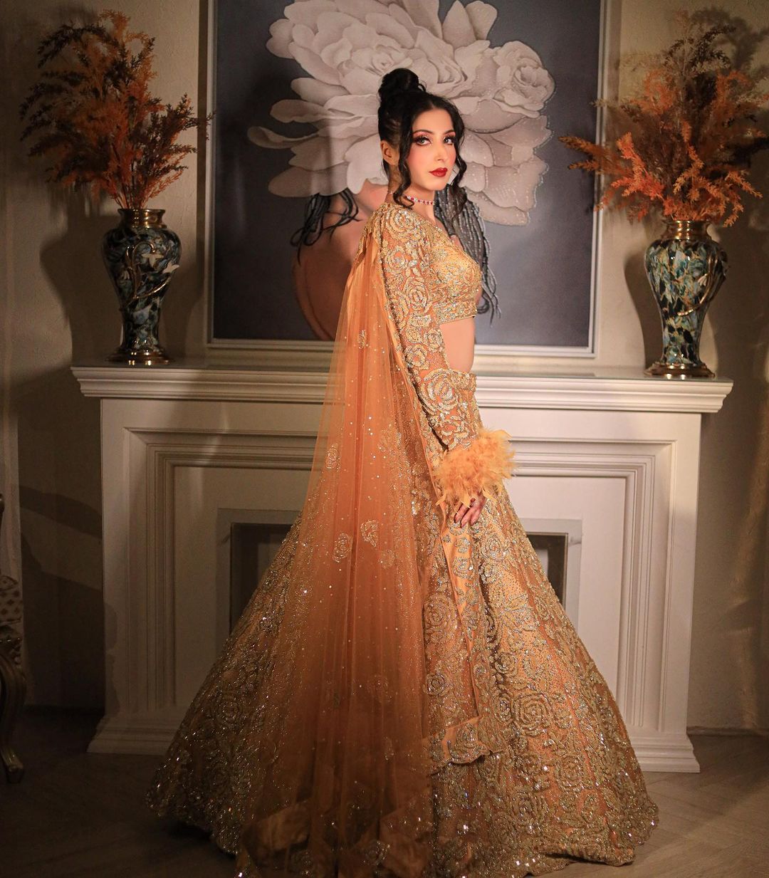 AUTUMN BROWN OFF SHOULDER LEHENGA WITH SIENNA COLOR TRAIL