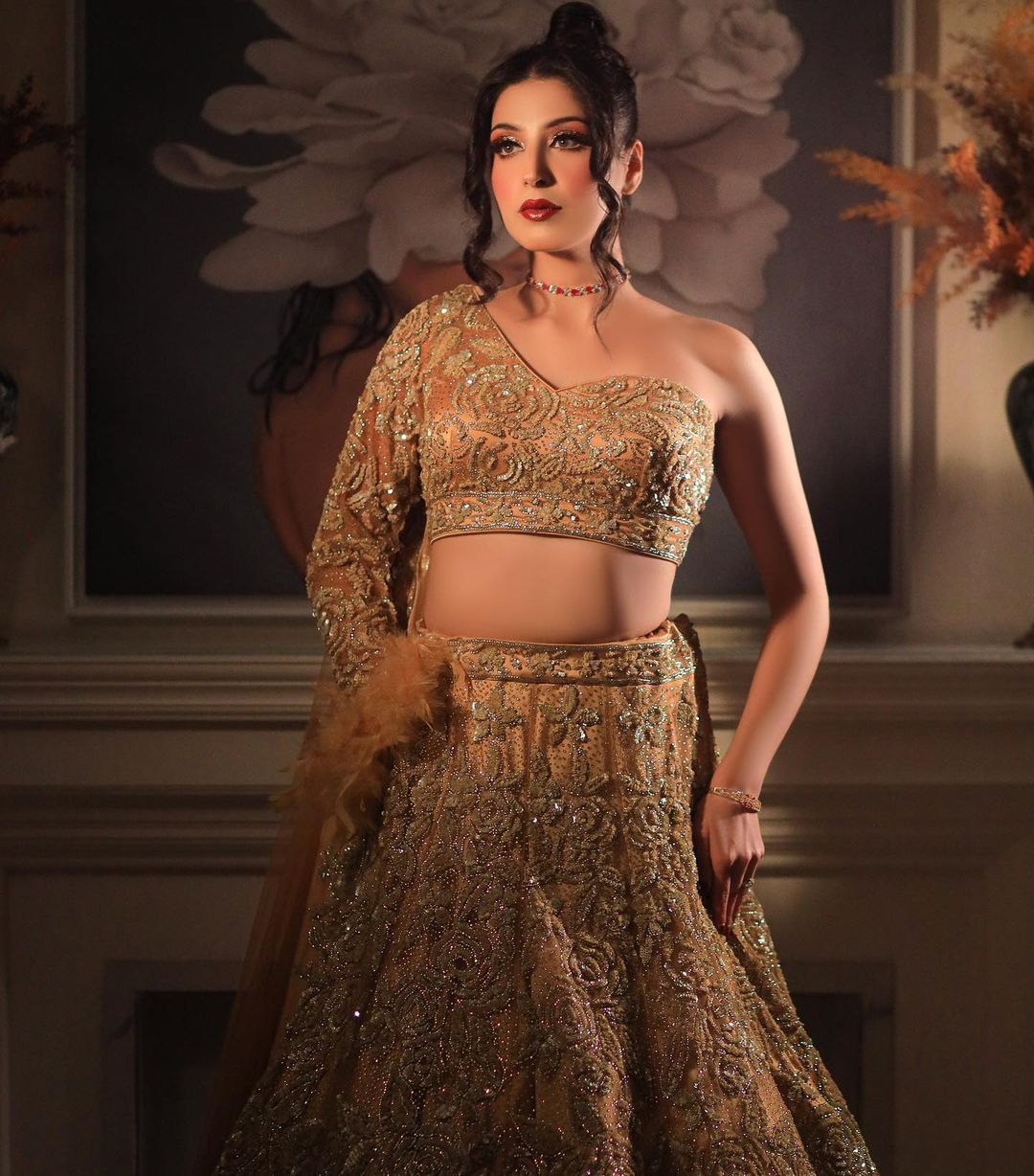 AUTUMN BROWN OFF SHOULDER LEHENGA WITH SIENNA COLOR TRAIL