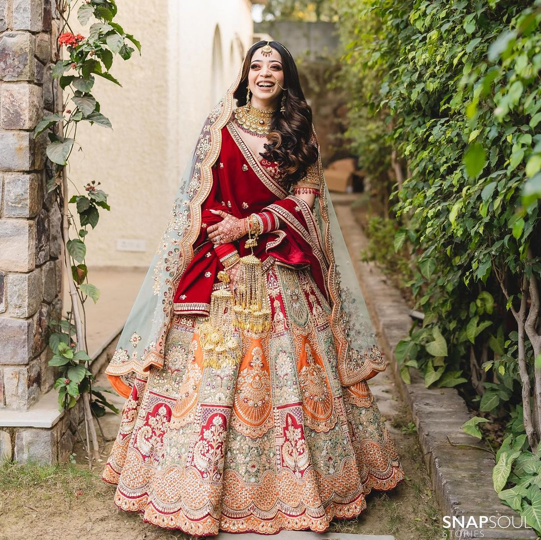 BRIDAL RED ORANGE DESIGNED LEHENGA WITH HEAVY EMBROIDERY