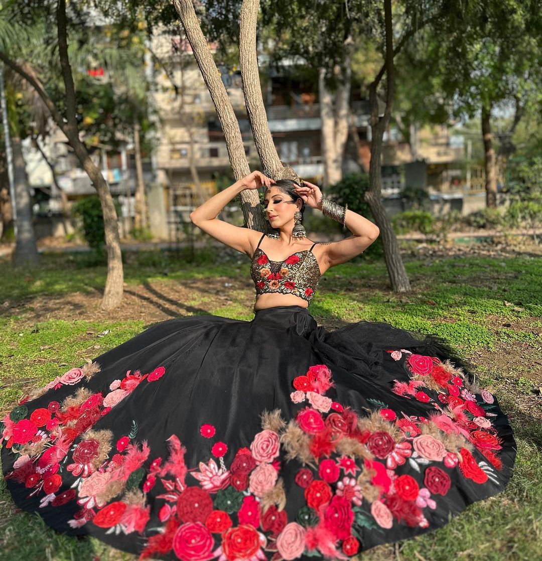 EEIRE BLACK LEHENGA WITH FLOWER EMBROIDERY