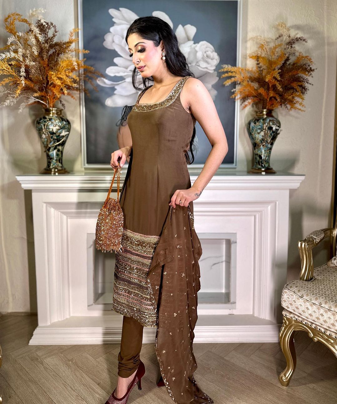 BROWN COLOR KURTI WITH EMBROIDERY
