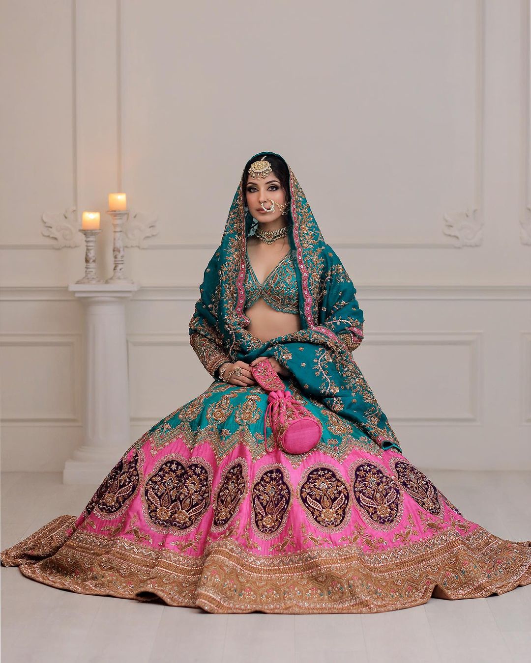 DARK CYAN AND PINK LEHENGA