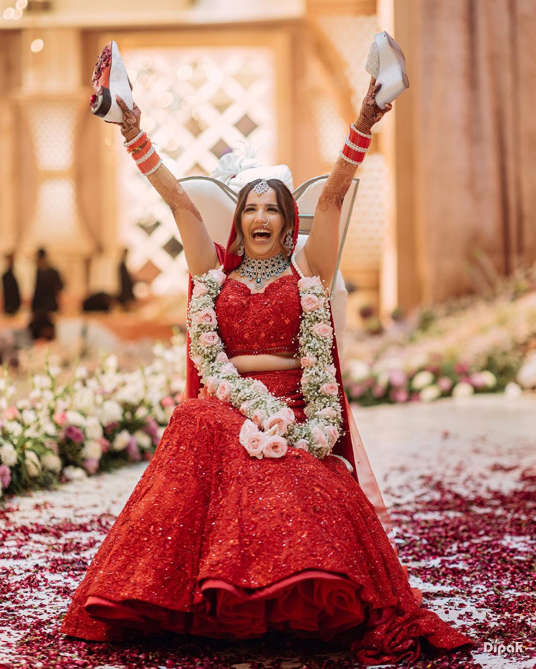 BRIDAL MAHOGANY RED COLOR DESIGNED LEHENGA WITH LONG TRAIL