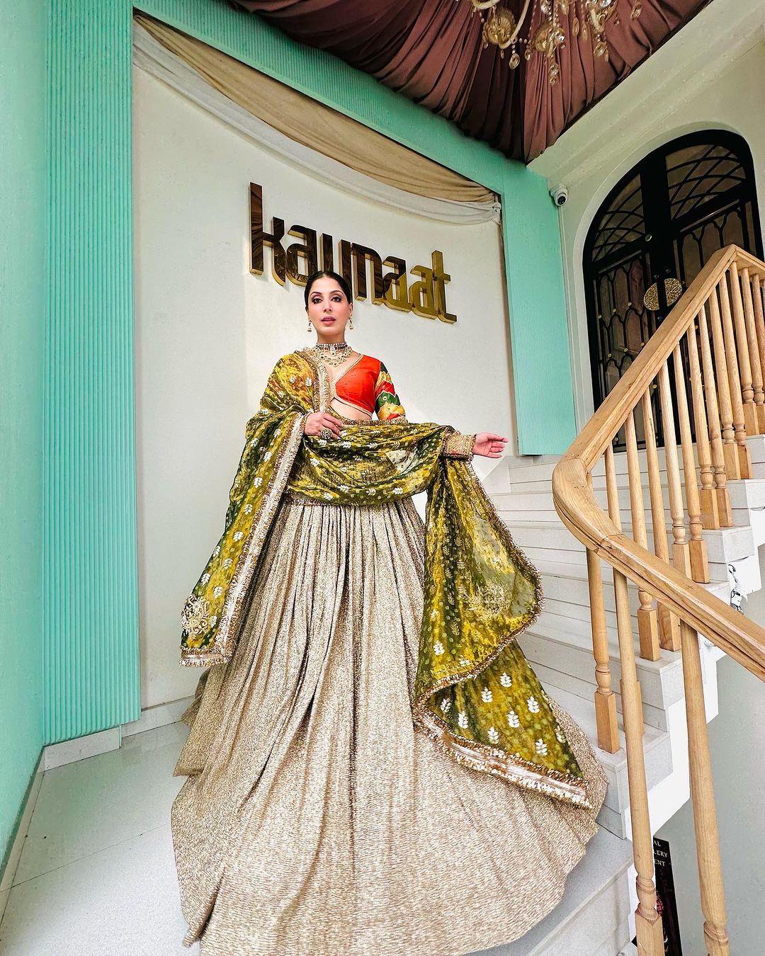 EMBROIDERED RUST BLOUSE WITH SHIMMER LEHENGA