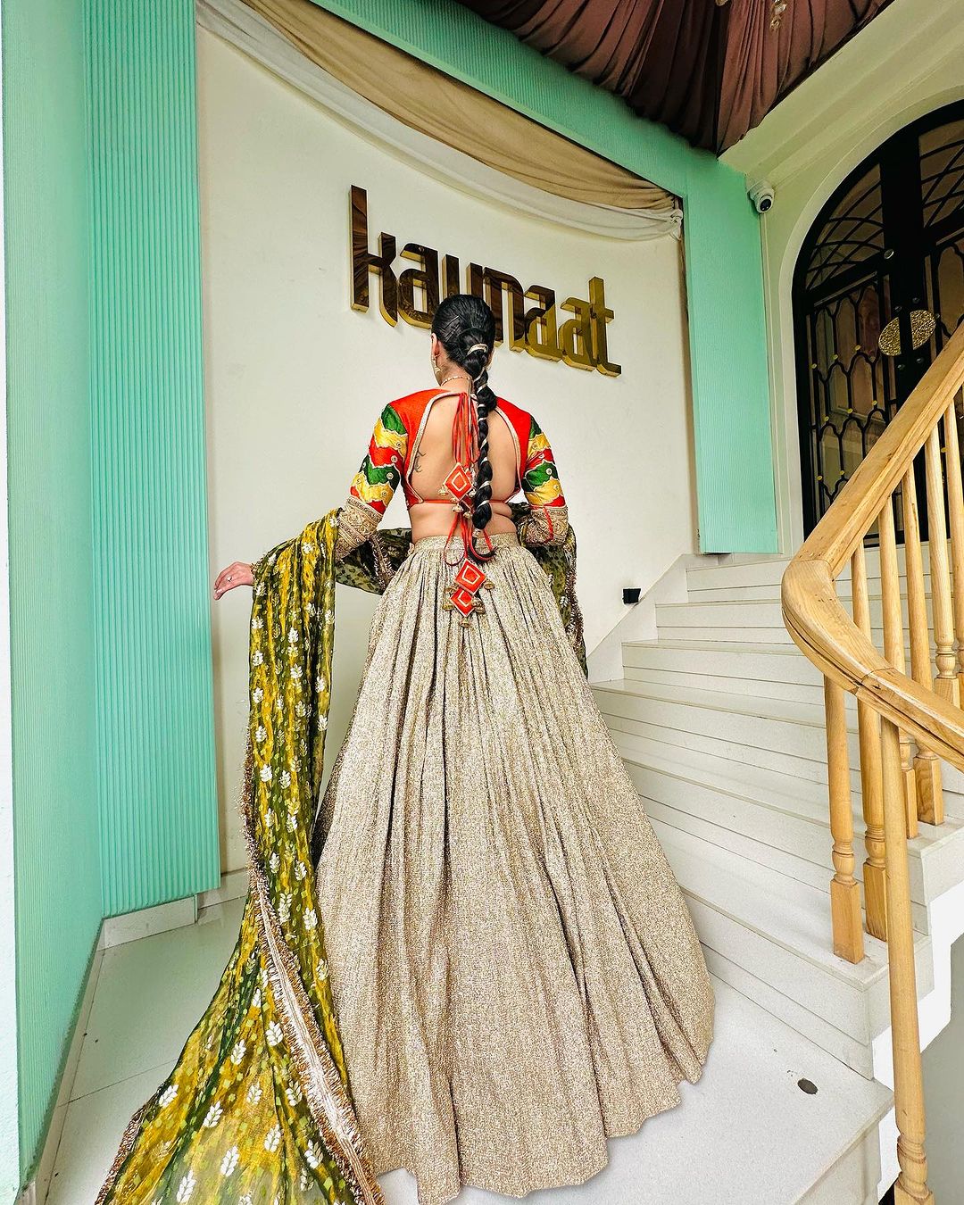 EMBROIDERED RUST BLOUSE WITH SHIMMER LEHENGA