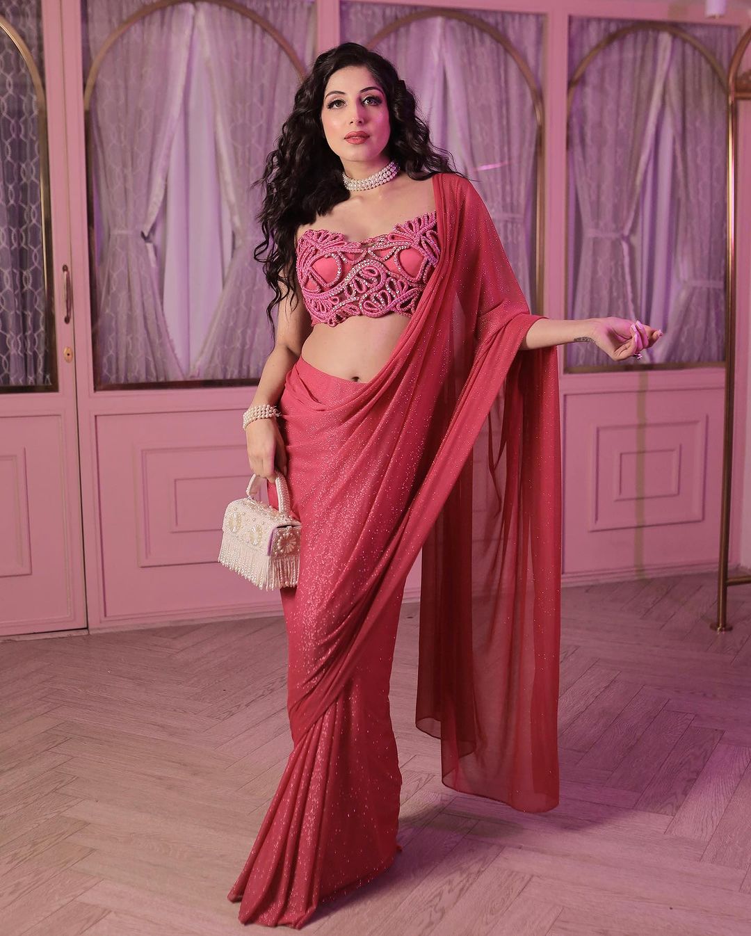 WATERMELON PINK COLOR SAREE WITH DESIGNER EMBROIDERED TOP