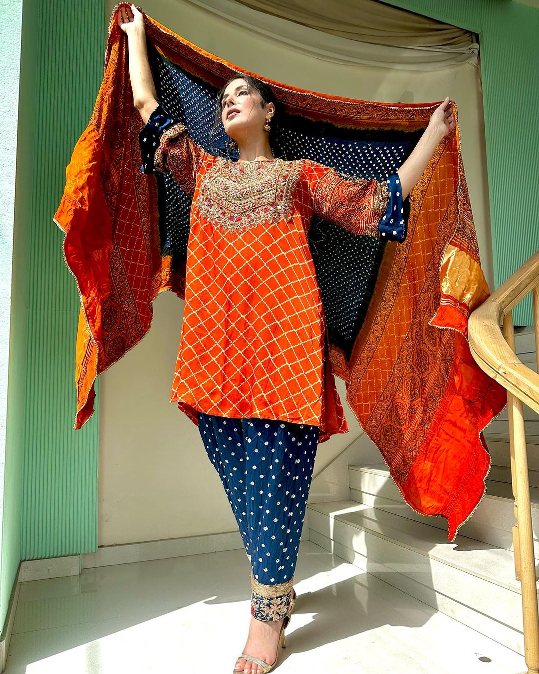 ORANGE COLOR KURTI WITH NAVY ORANGE DUPATTA