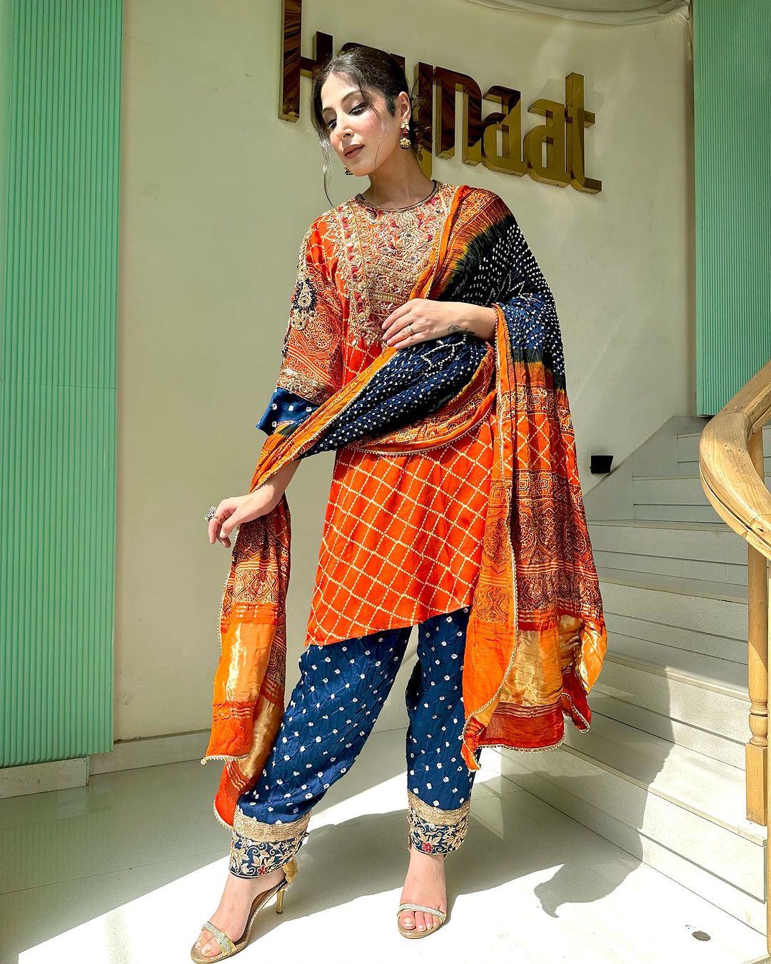 ORANGE COLOR KURTI WITH NAVY ORANGE DUPATTA