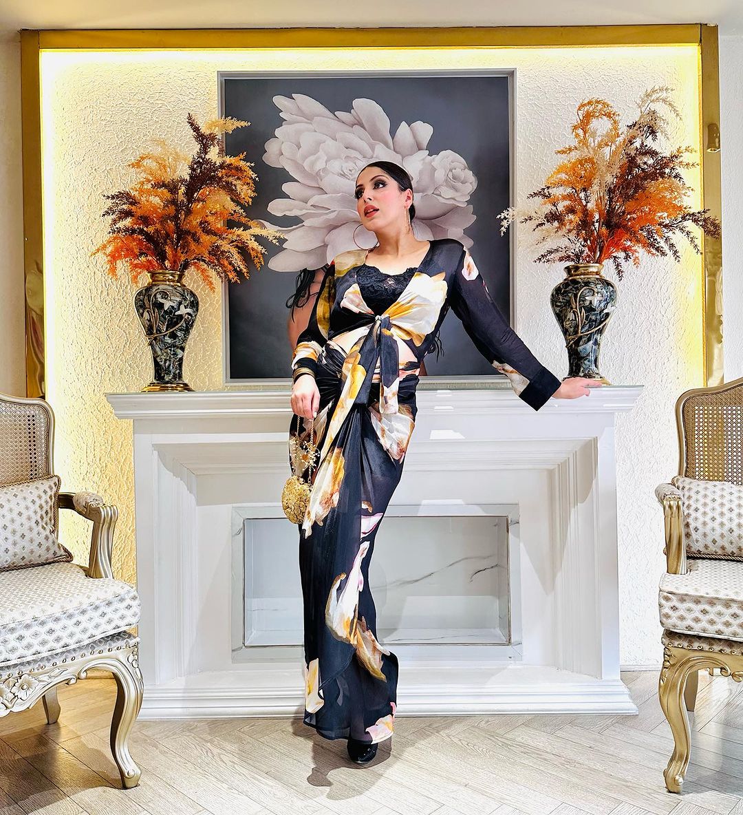 BLACK FIORI FRONT TIE UP TOP & SKIRT SET
