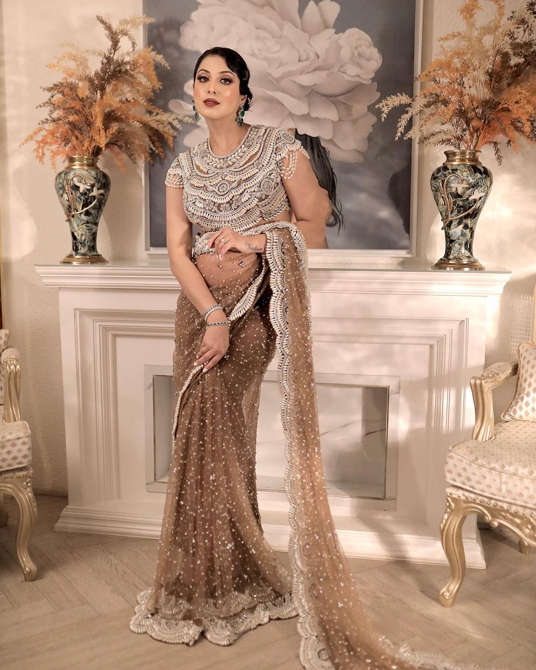 NUDE BROWN COLOR SAREE WITH MODISH TOP AND DRAPE