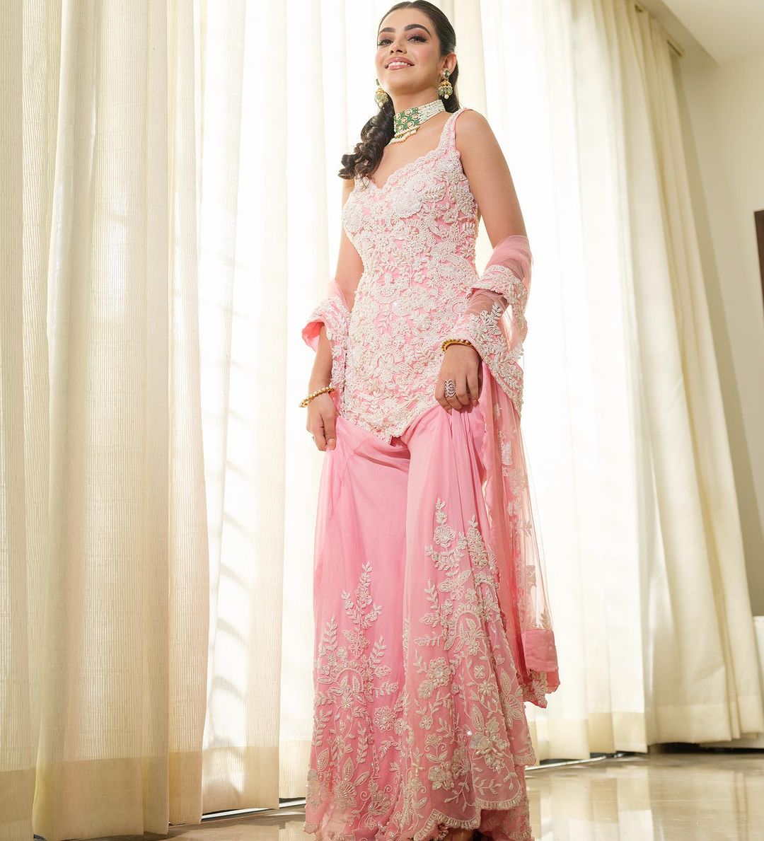 PINK SHARARA SUIT PEARL EMBELLISHED