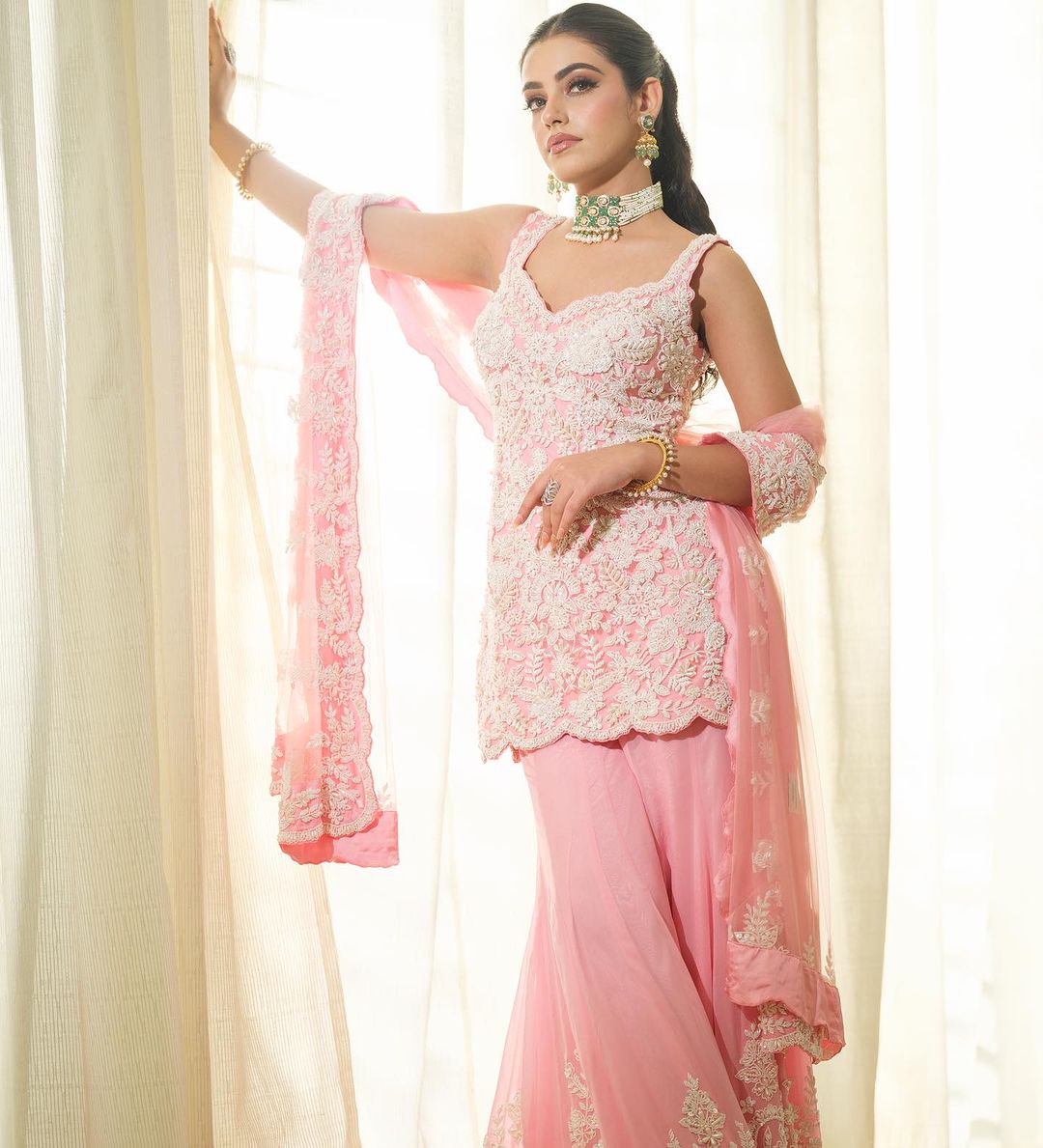 PINK SHARARA SUIT PEARL EMBELLISHED