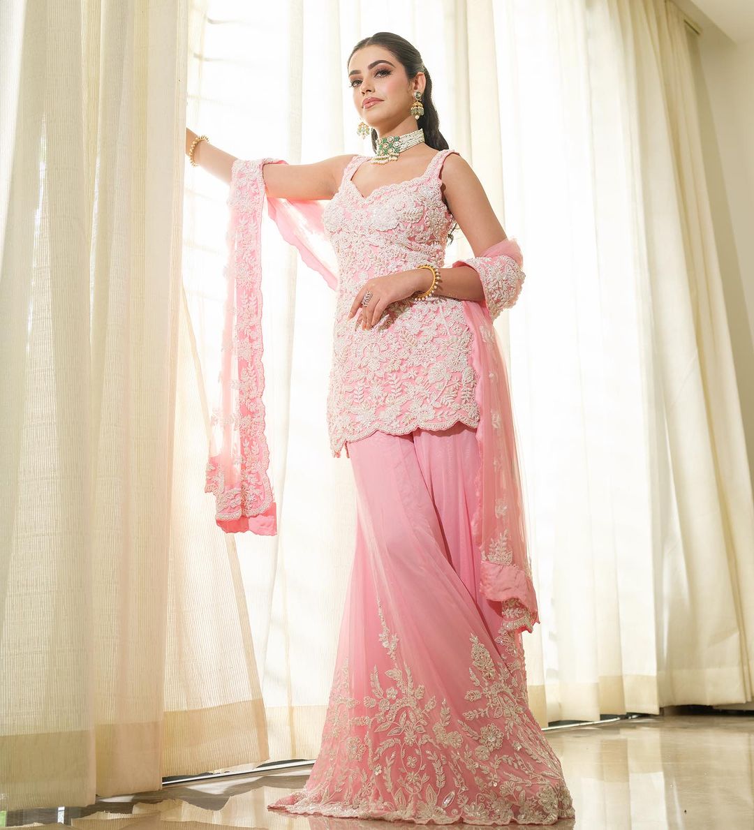 PINK SHARARA SUIT PEARL EMBELLISHED