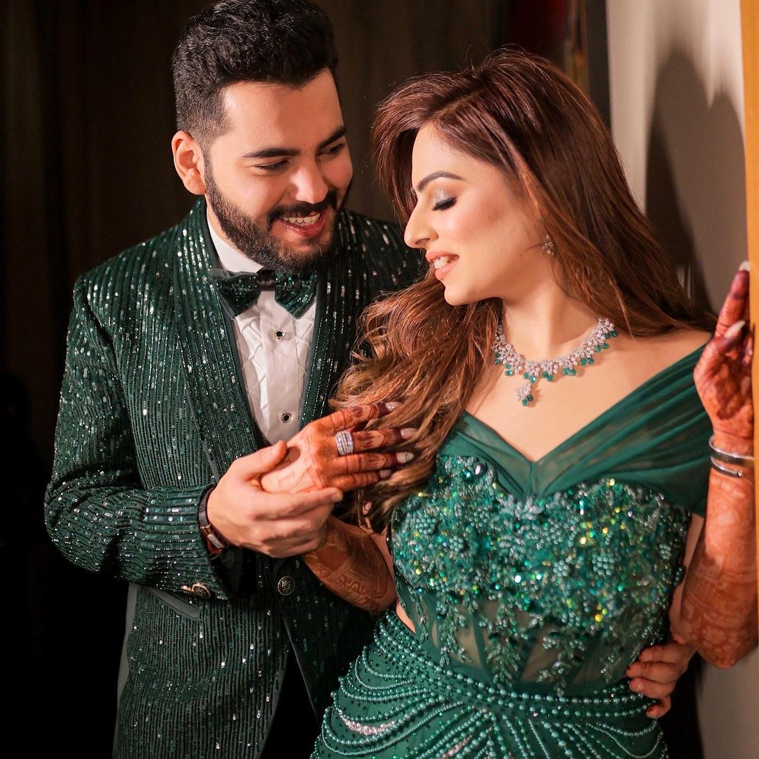 GREEN FISH CUT GOWN WITH PEARL EMBELLISHMENT