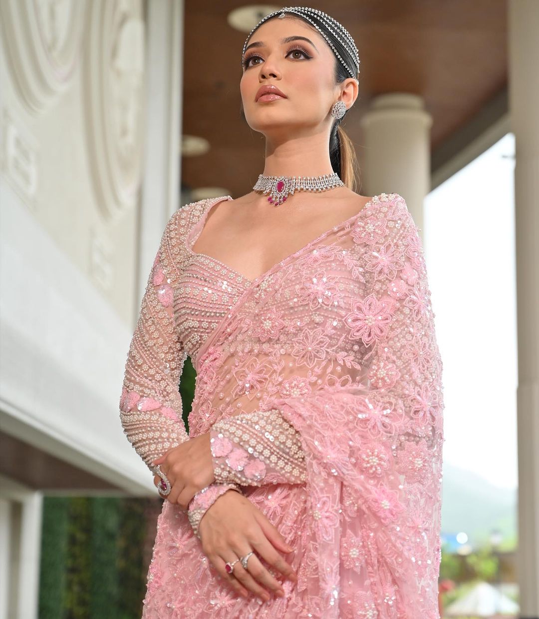 ELEGANT PINK COLOR SAREE WITH BEAUTIFUL TRAIL