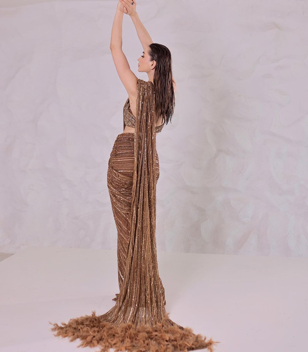 TAWNY BIRCH BROWN COLOR SAREE AND FEATHER DRAPE