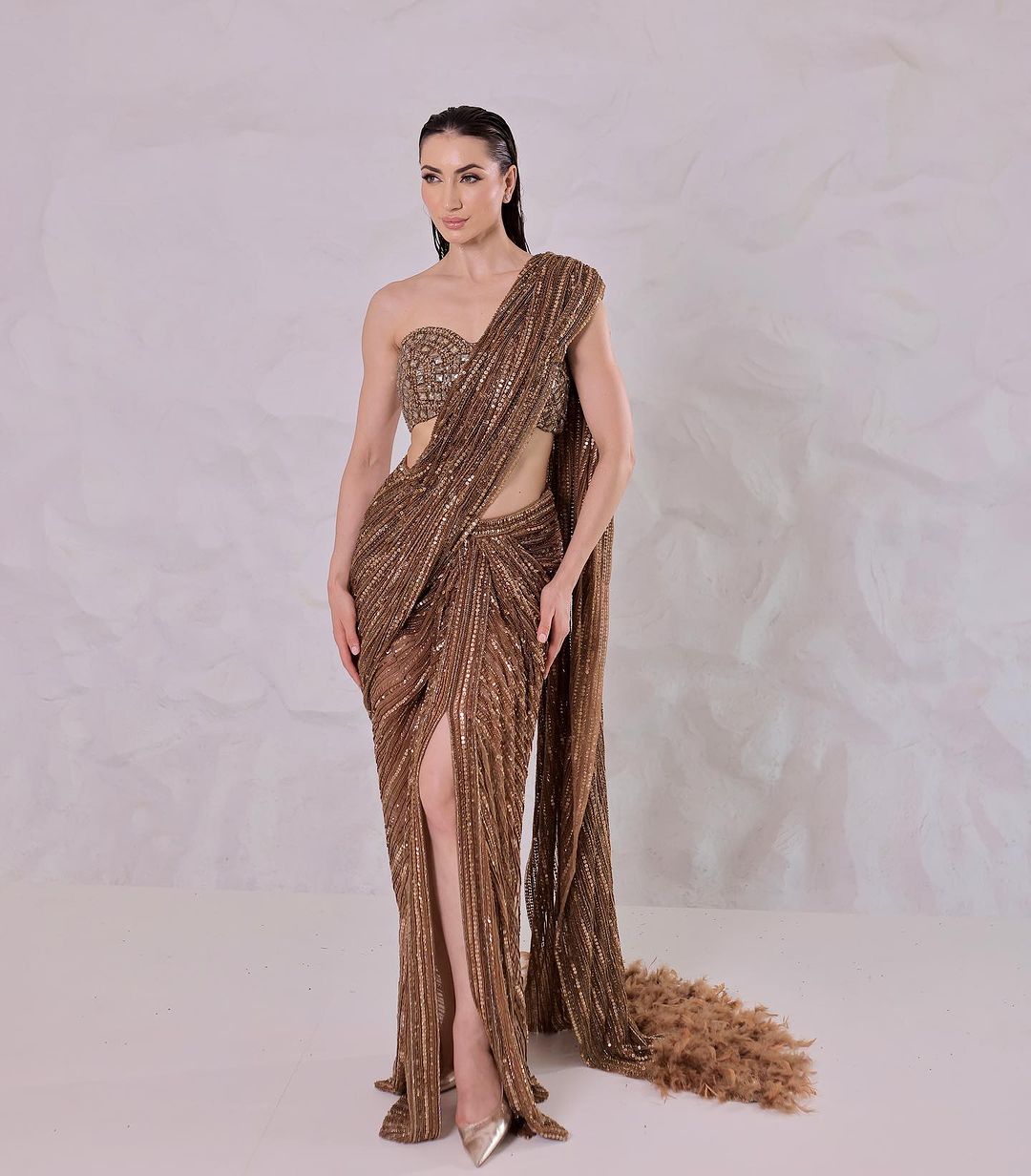 TAWNY BIRCH BROWN COLOR SAREE AND FEATHER DRAPE