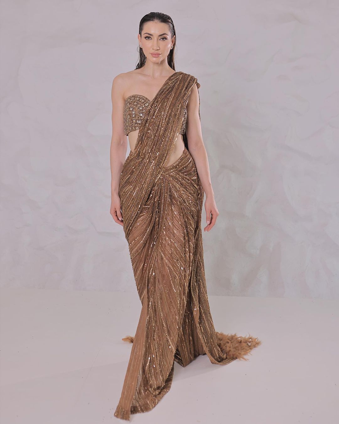 TAWNY BIRCH BROWN COLOR SAREE AND FEATHER DRAPE