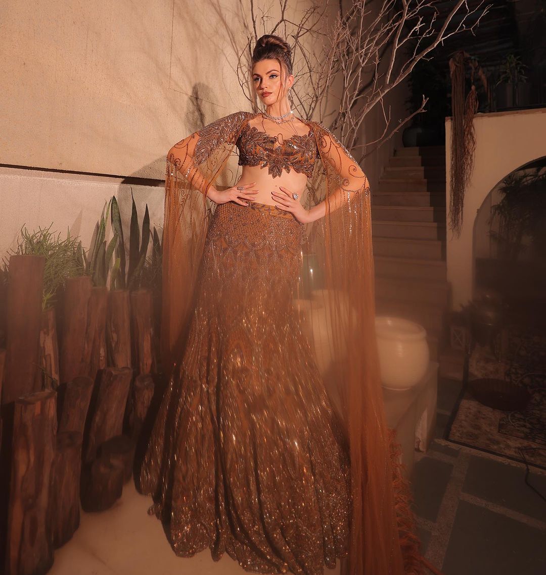 GOLDEN BROWN  EMBROIDRED LEHENGA SET