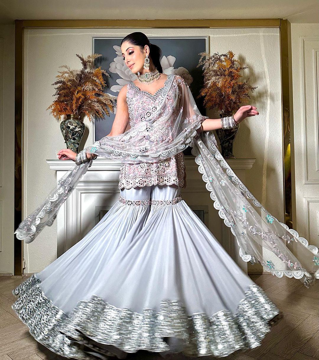 SILVER GRAY MIRROR GARARA - GARARA FOR WEDDING - KAYNAAT