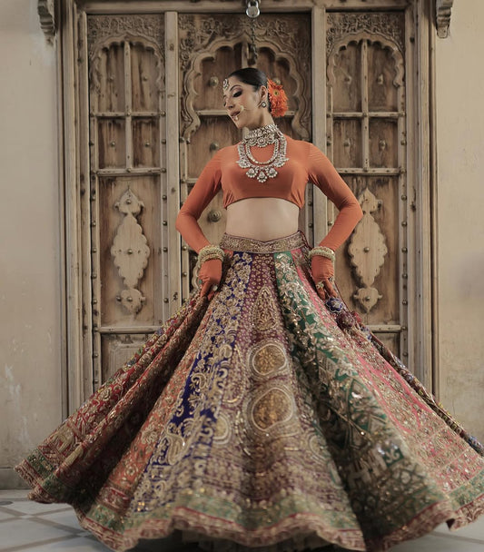 MUTLI COLOUR HAND ZARDOSI SILK LEHENGA