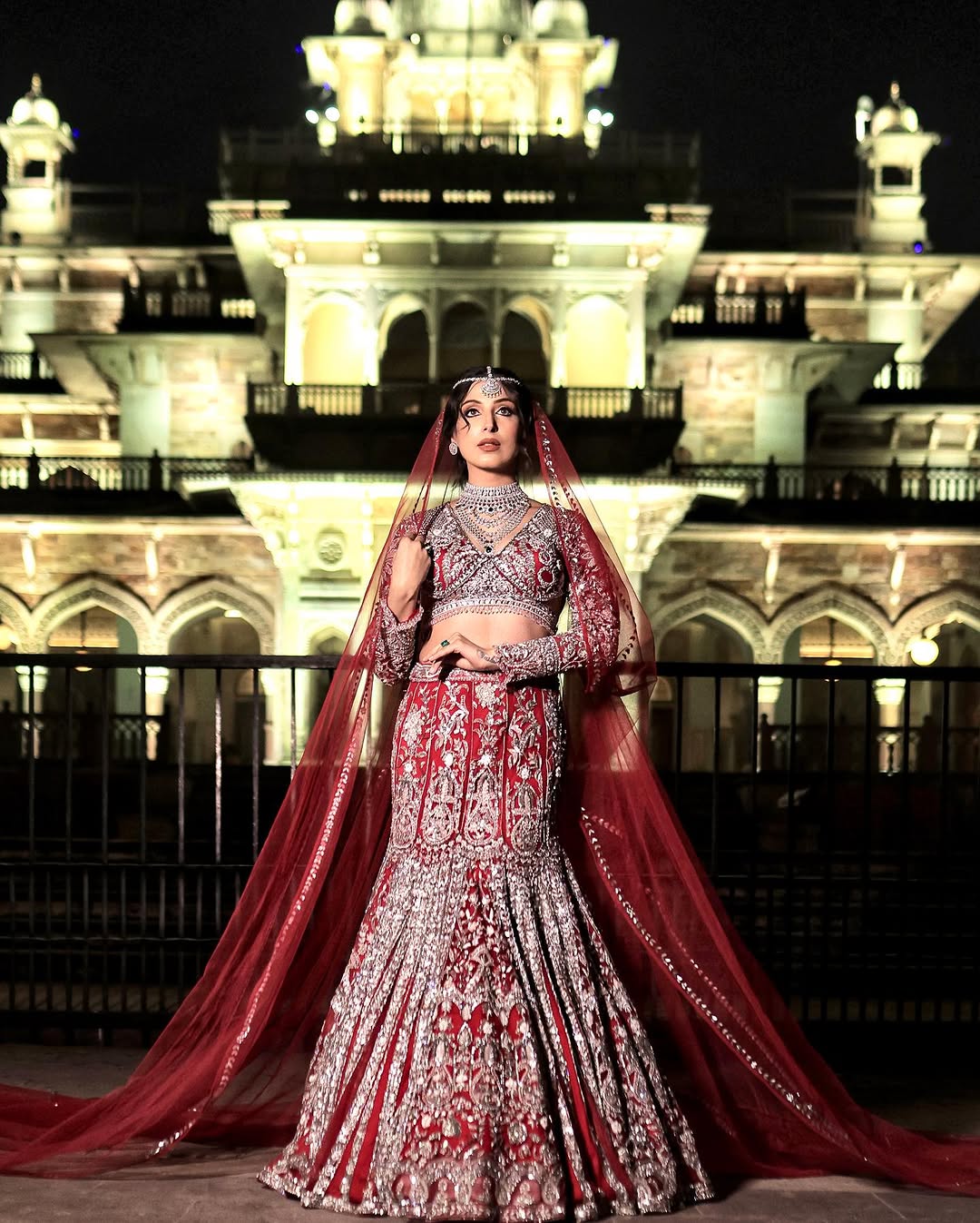 AMARNATH RED ZIRCON FISH CUT LEHENGA