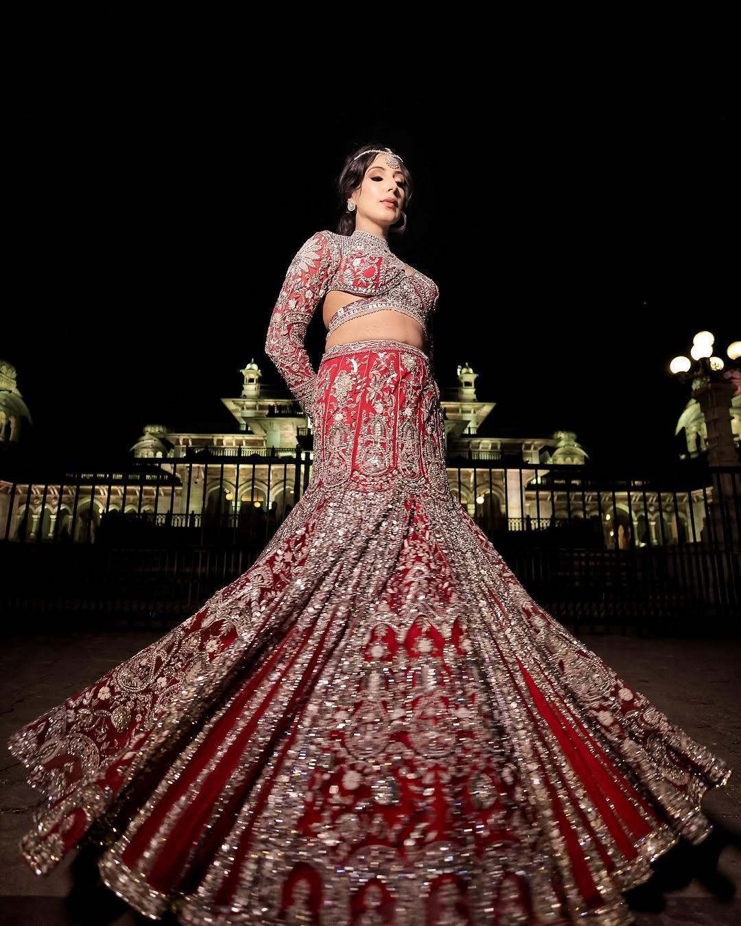 AMARNATH RED ZIRCON FISH CUT LEHENGA